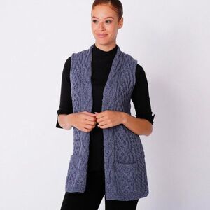 NWT Kilronan Knitwear Merino Wool Cable Knit Vest S Blue Open Front Cardigan